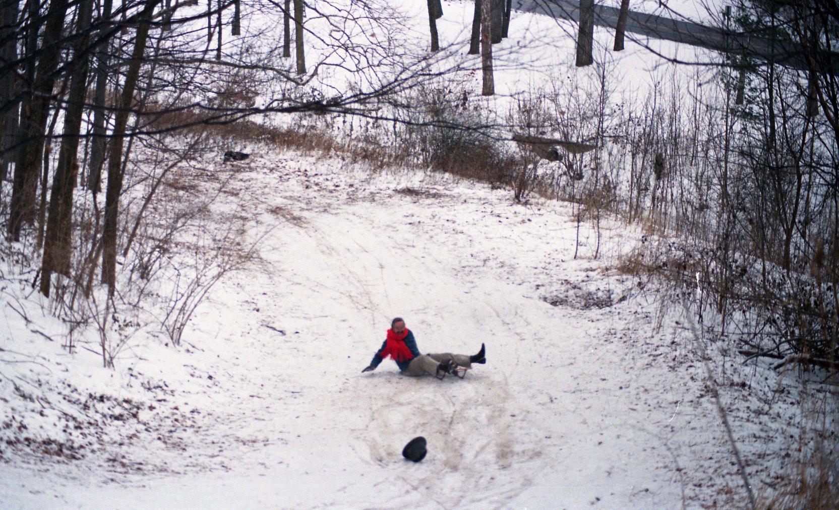 A.V. Shirk Sledding Backwards Down "Devil's Hill" Sled Run