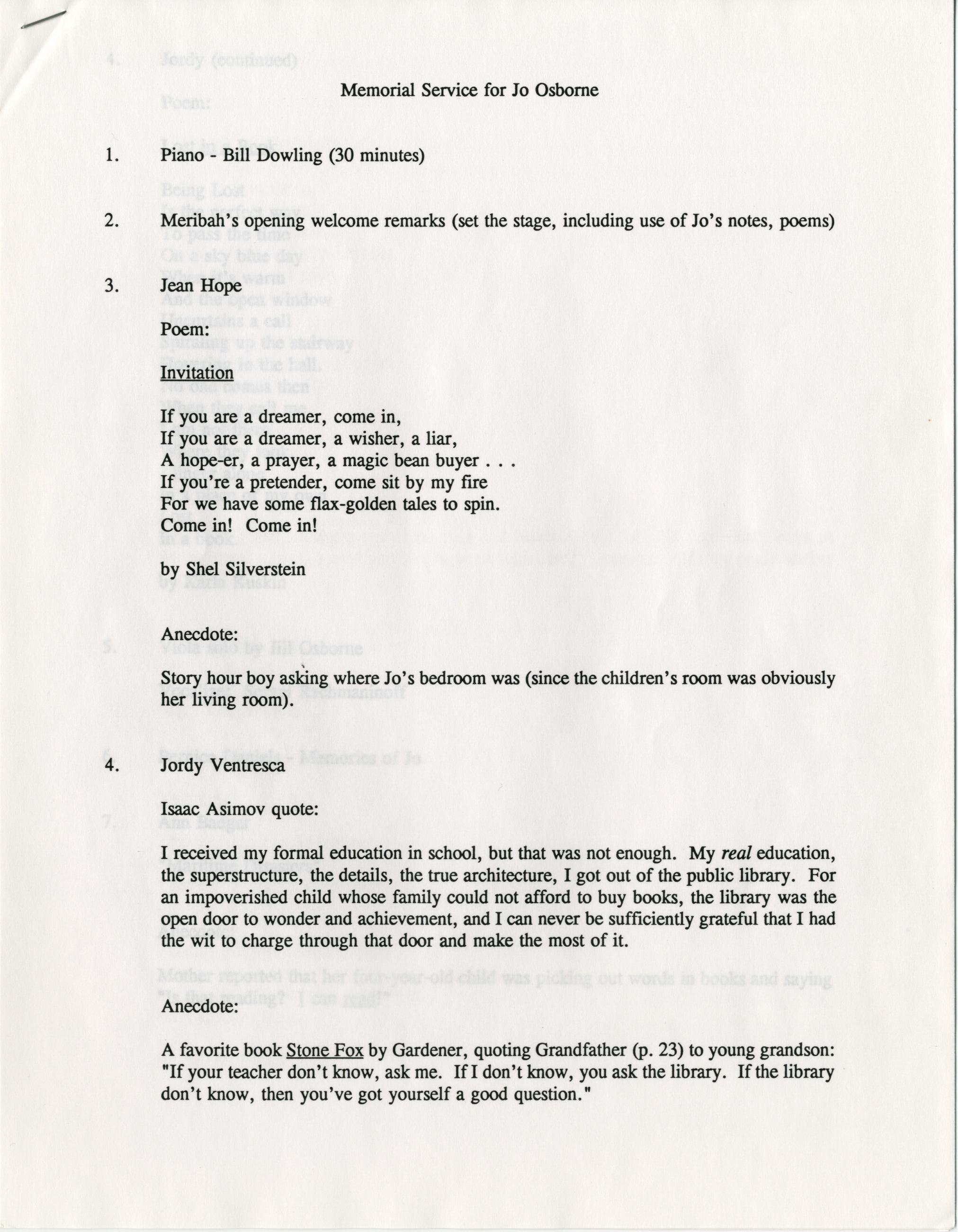 Detailed Program for Jo Osborne's Memorial Service