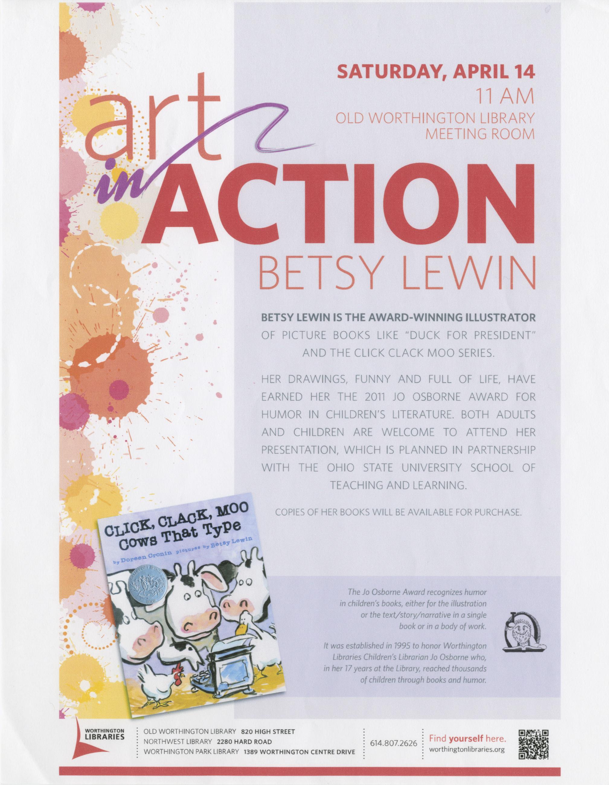 Flier for Betsy Lewin Program at the Old Worthington Library