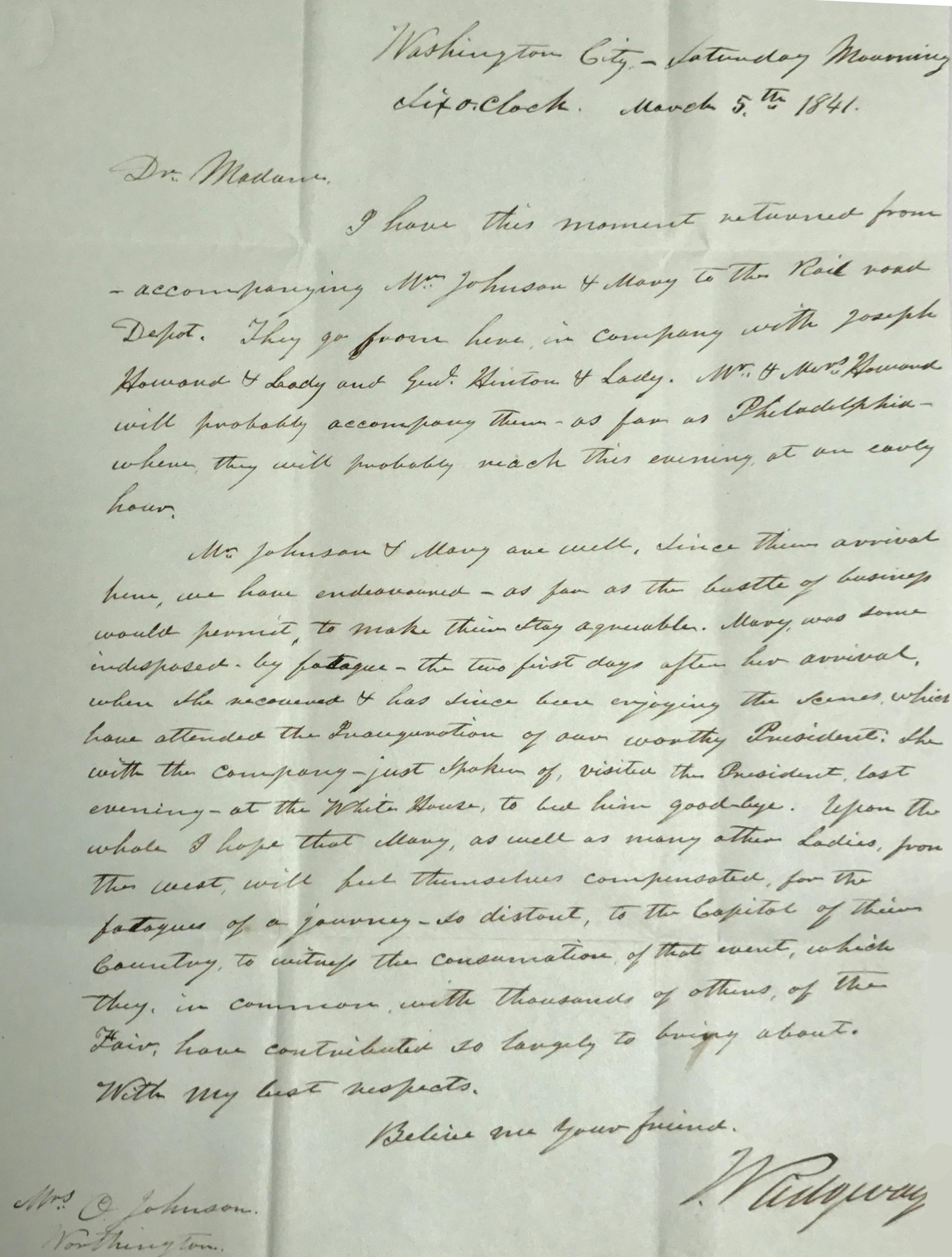 Letter to Achsa Johnson from Joseph Ridgway of Washington City