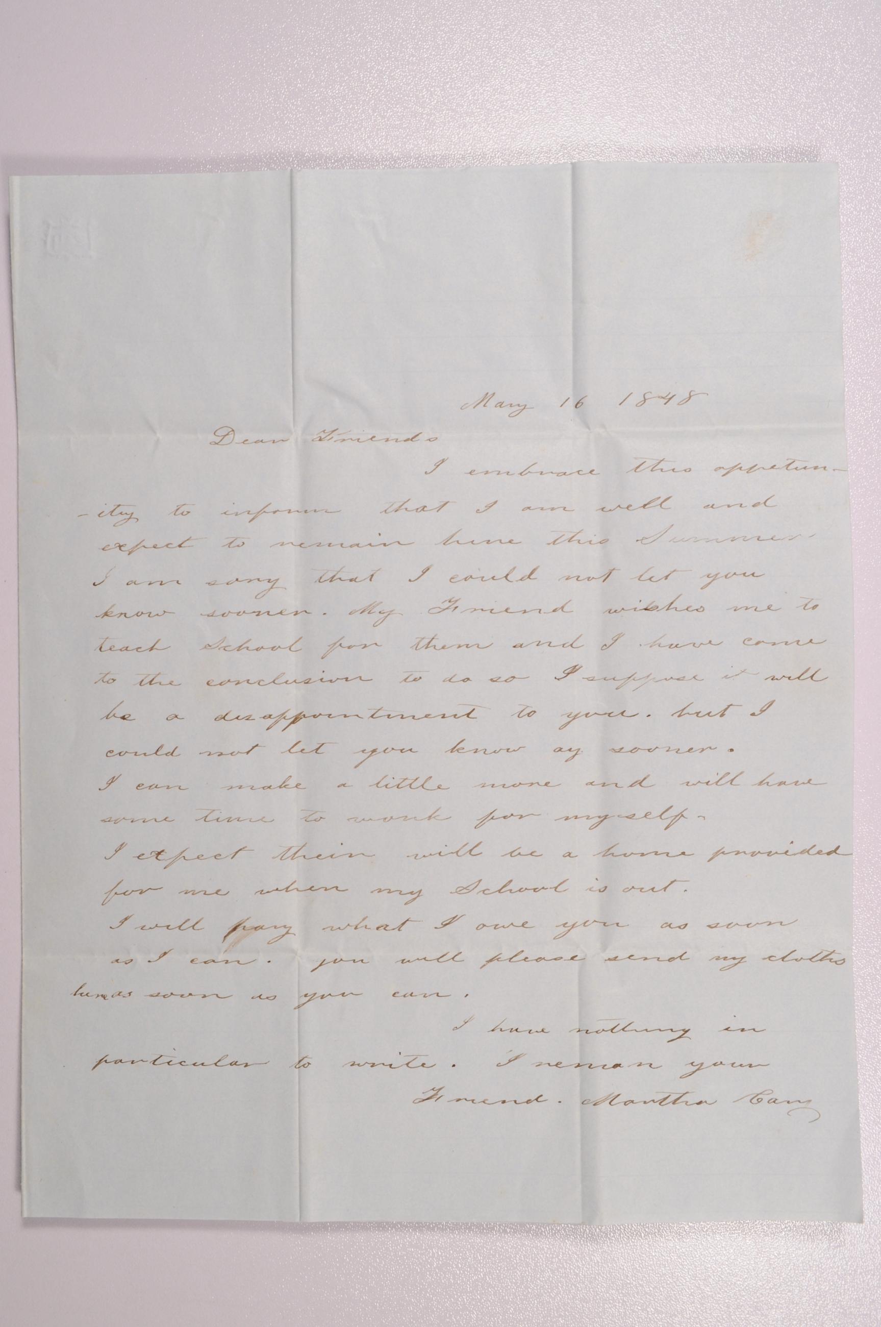 Letter to Achsa (Maynard) Johnson from Former Boarder, Martha Cary, Concerning Payment