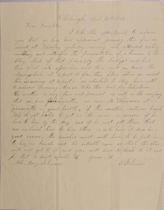 Letter to Mary Johnson of Worthington, Ohio from Orange Johnson in Pittsburgh, Pennsylvania