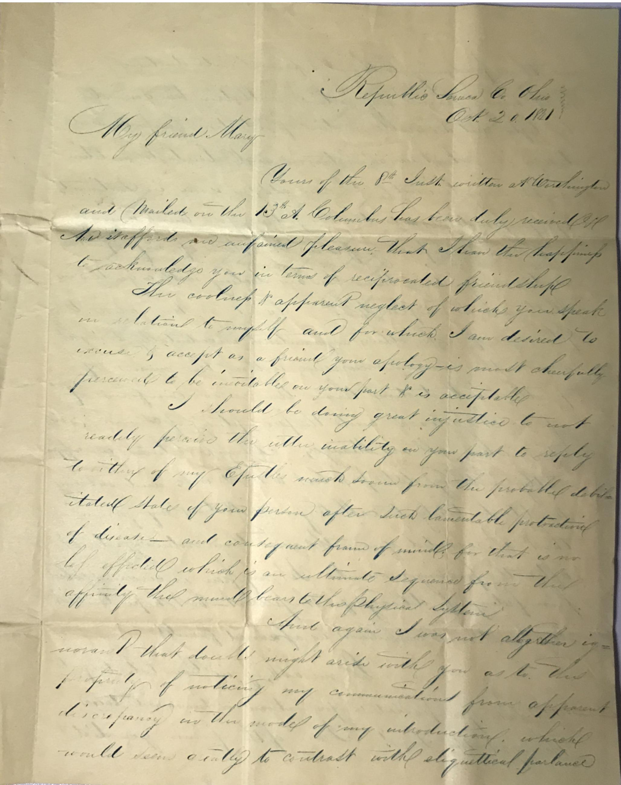 Letter to Mary Johnson of Worthington, Ohio from Charles B. Stickney of Republic, Seneca County, Ohio