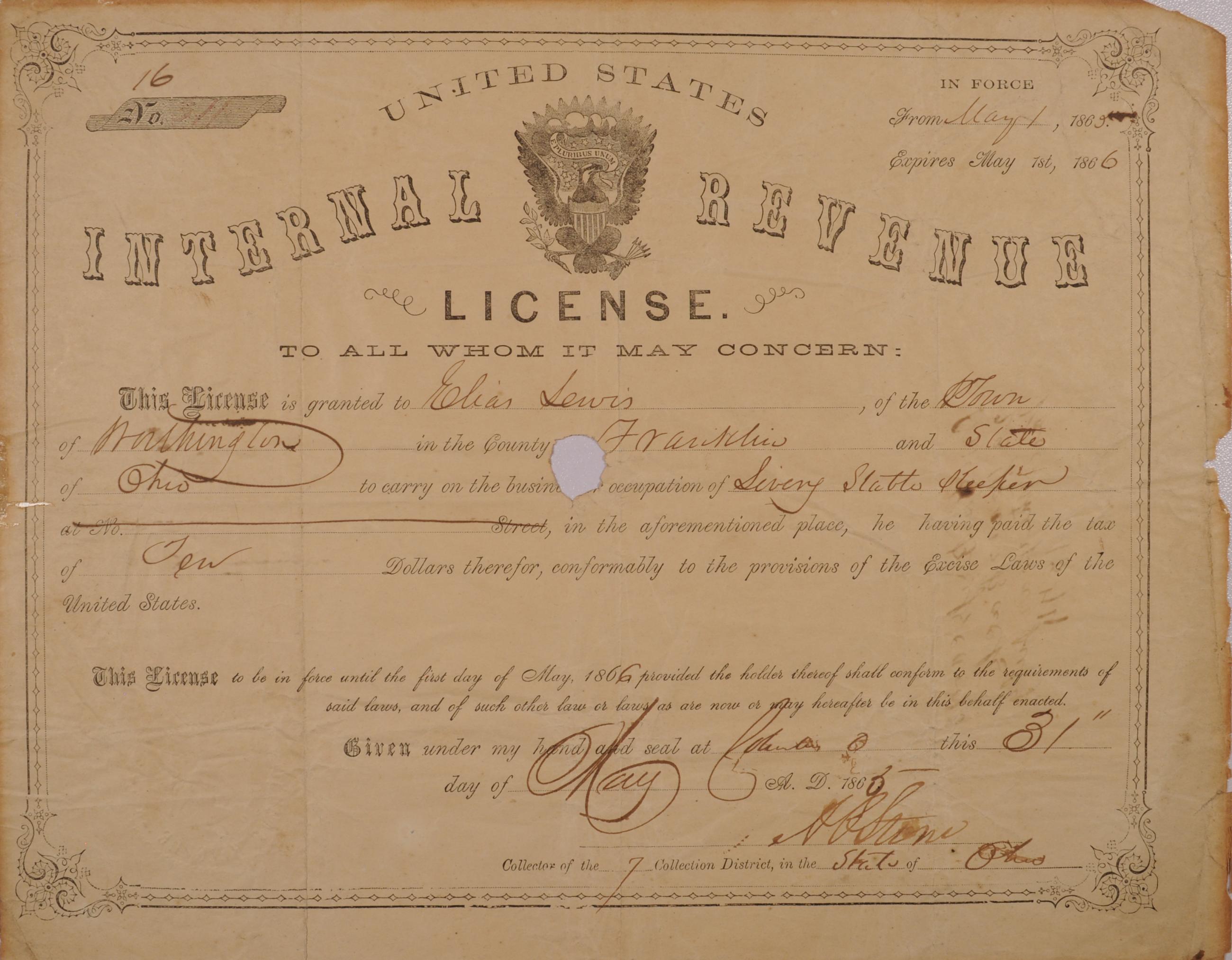 License for Elias Lewis to Keep Livery Stable