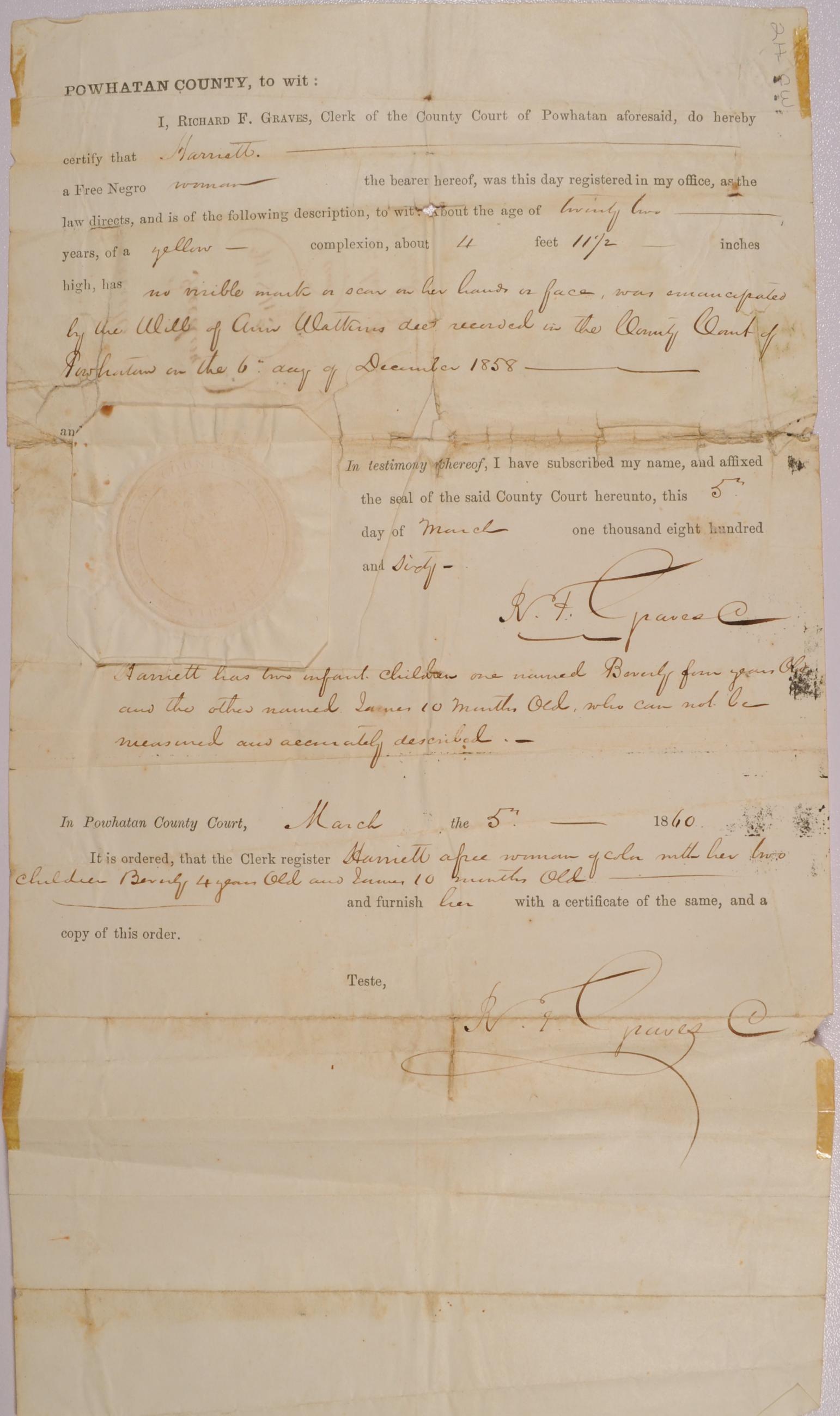 Manumission Papers of Harriet Scott