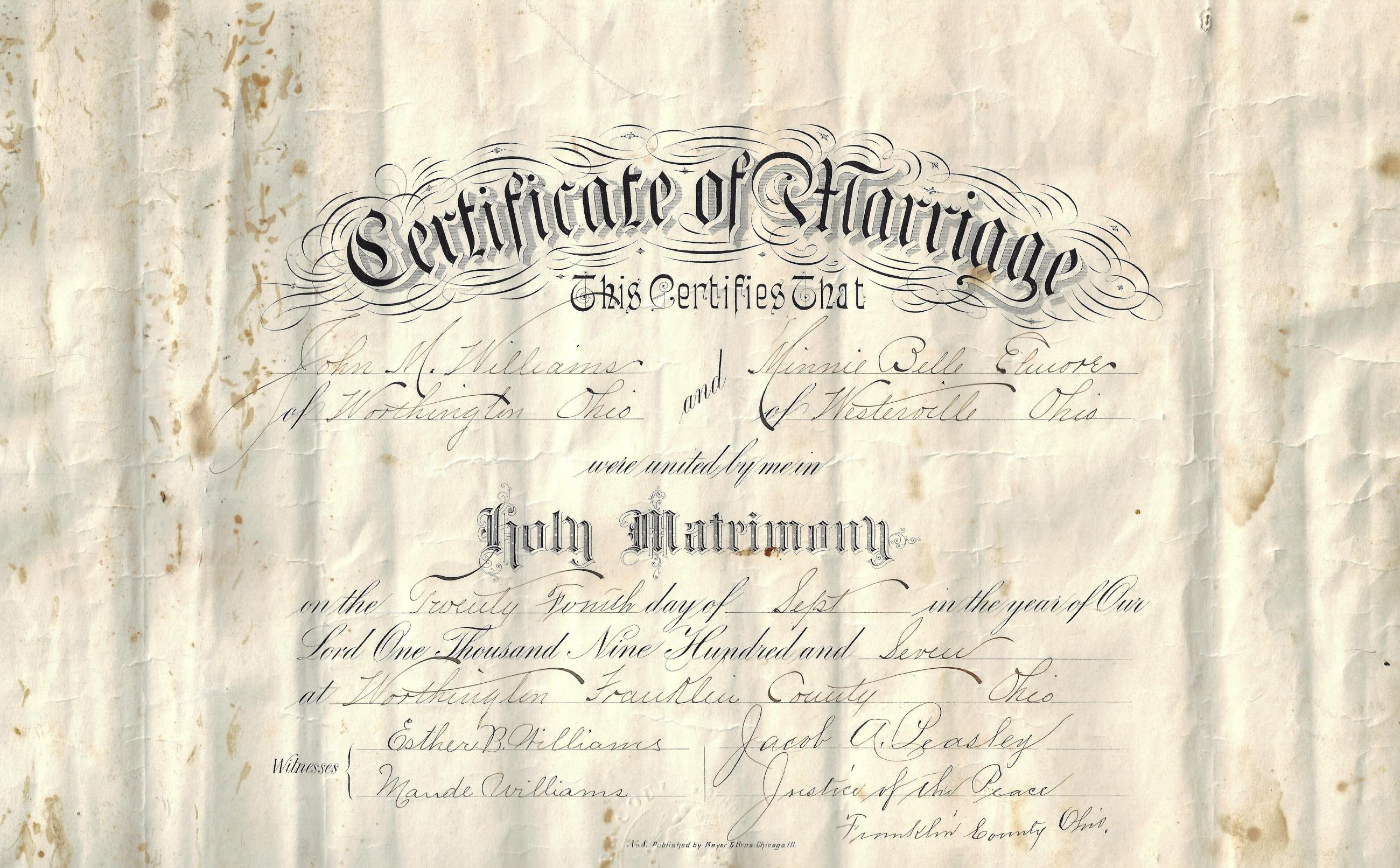 Marriage Certificate of John M. Williams and Minnie Bell Elmore