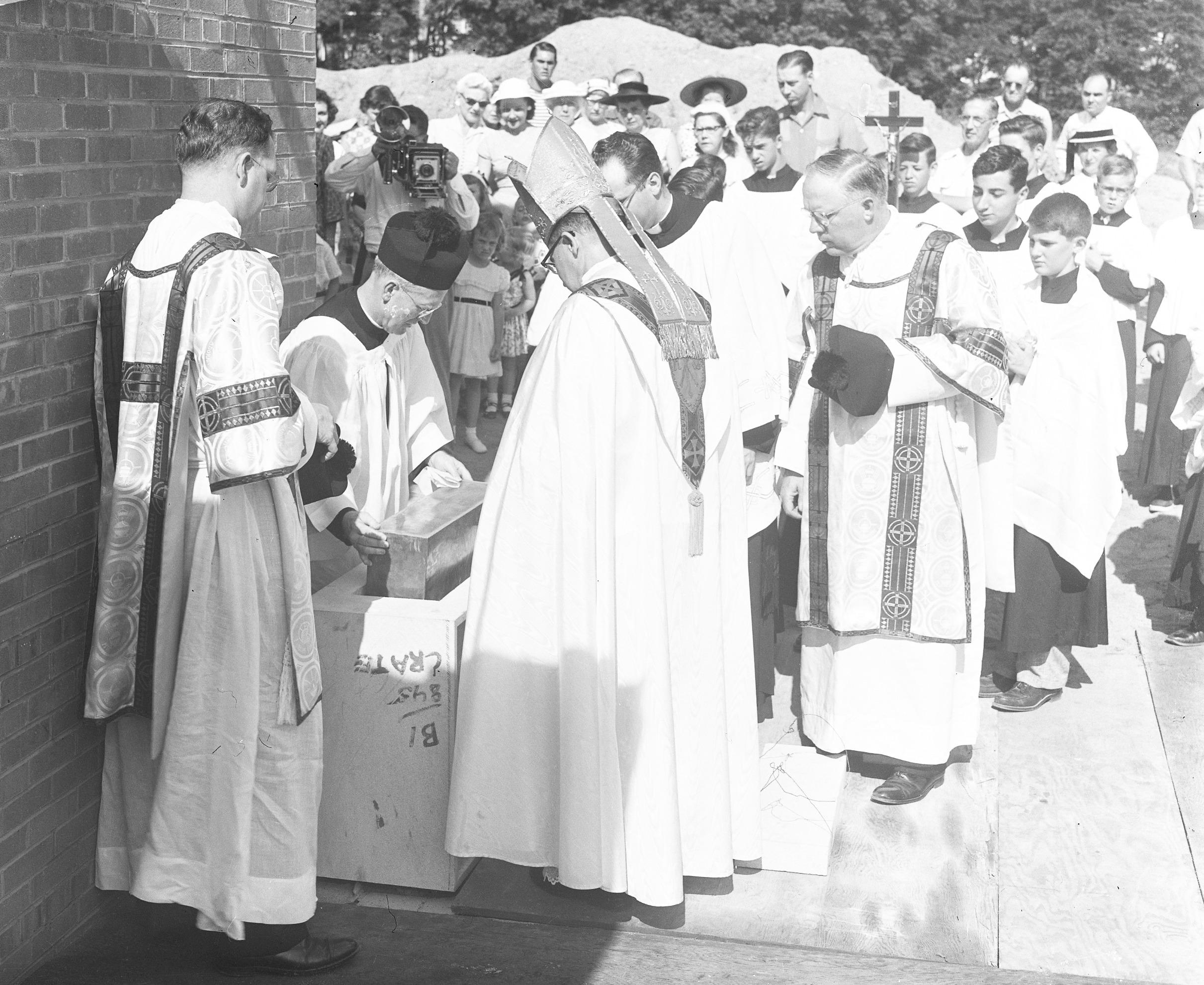 Photograph of Time Capsule Seating in Cornerstone at St. Michael's School, 1954