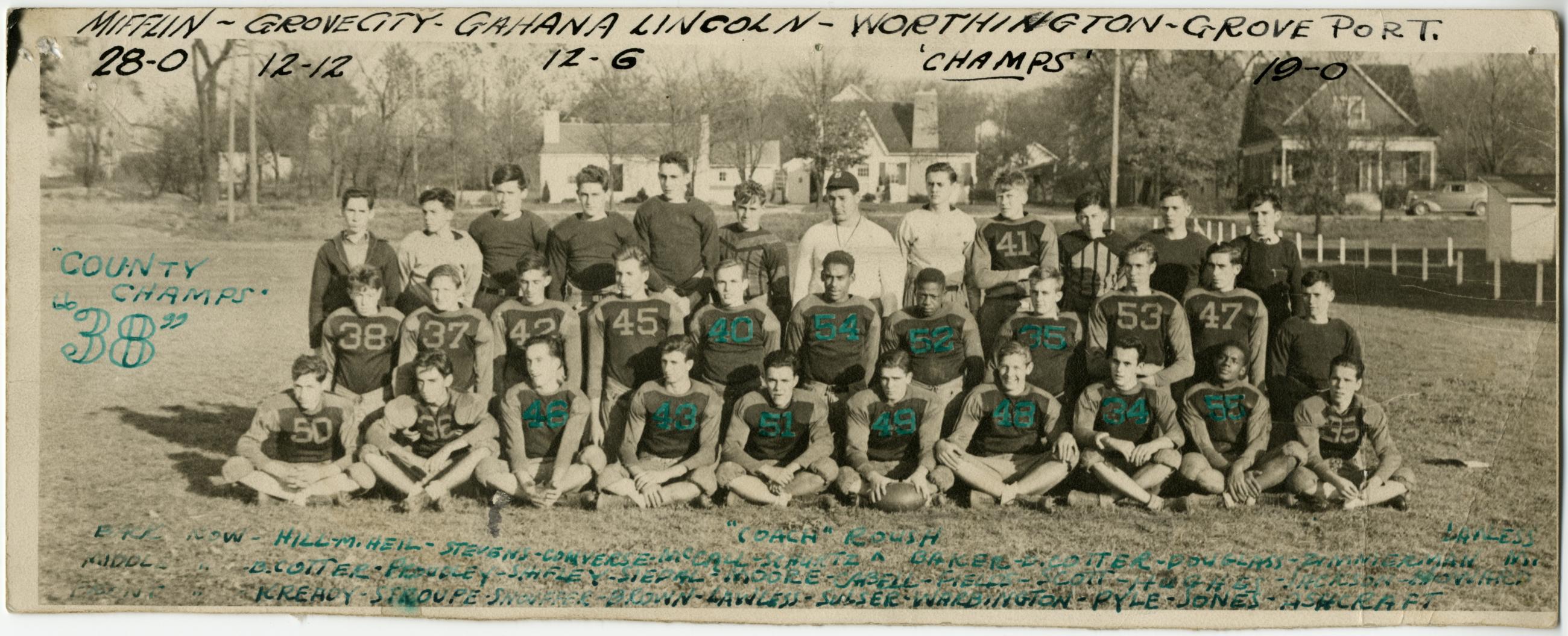 Photograph of the “County Champs” 1938 Worthington High School Football Team