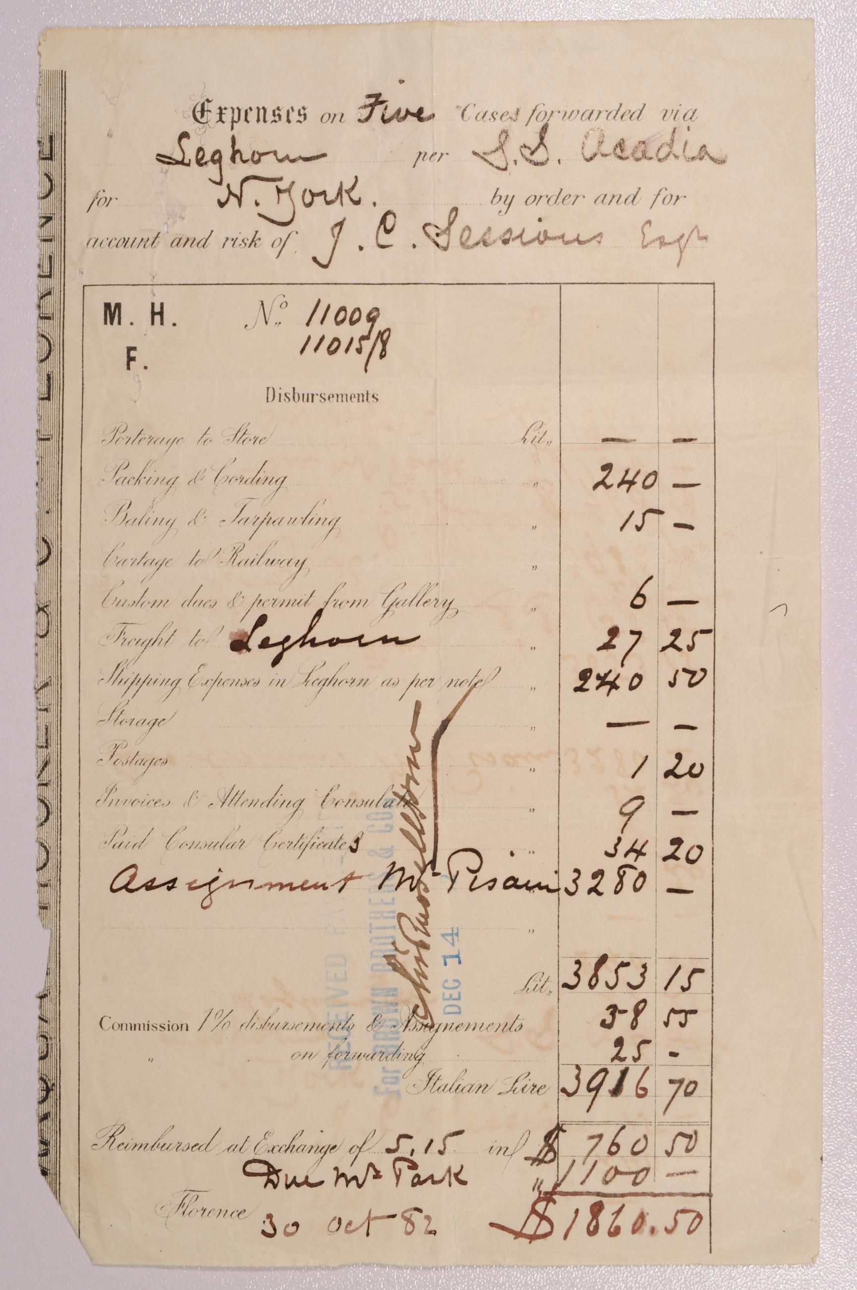 Receipt for Five Cases of Art Shipped from Italy Via S.S. Acadia, Purchased by Francis Sessions