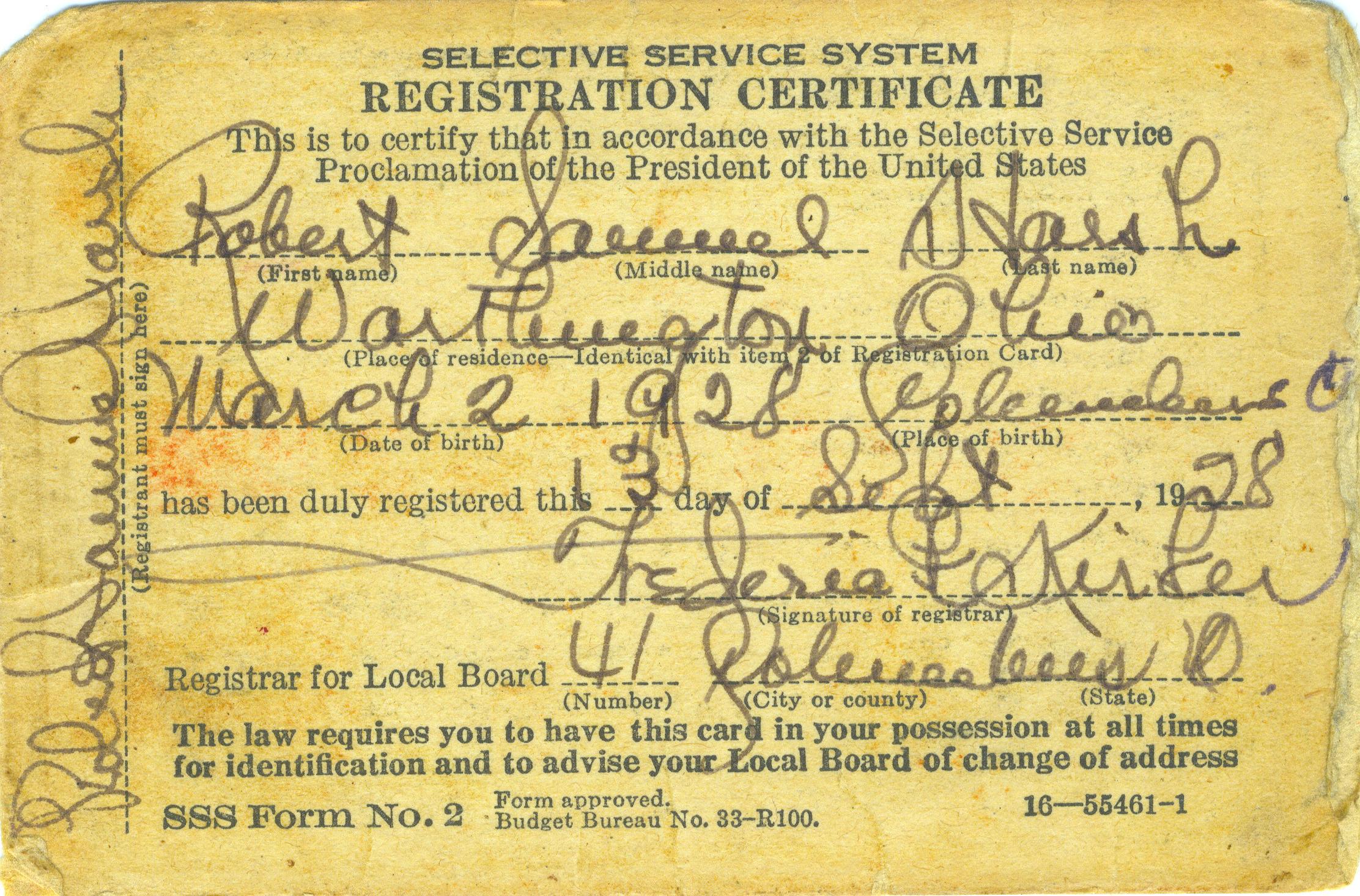 Selective Service System Registration Certificate