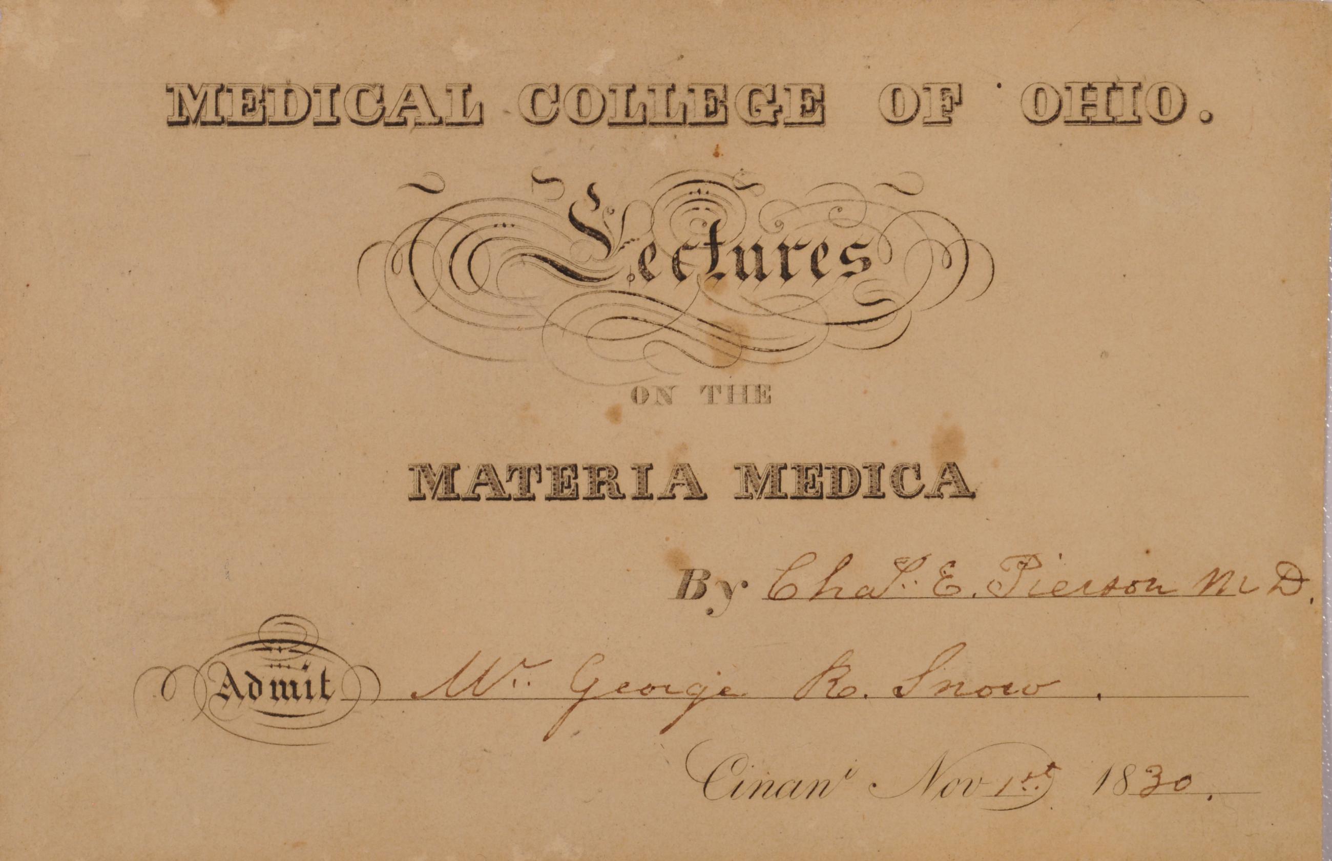 Ticket for George R. Snow to Medical College of Ohio