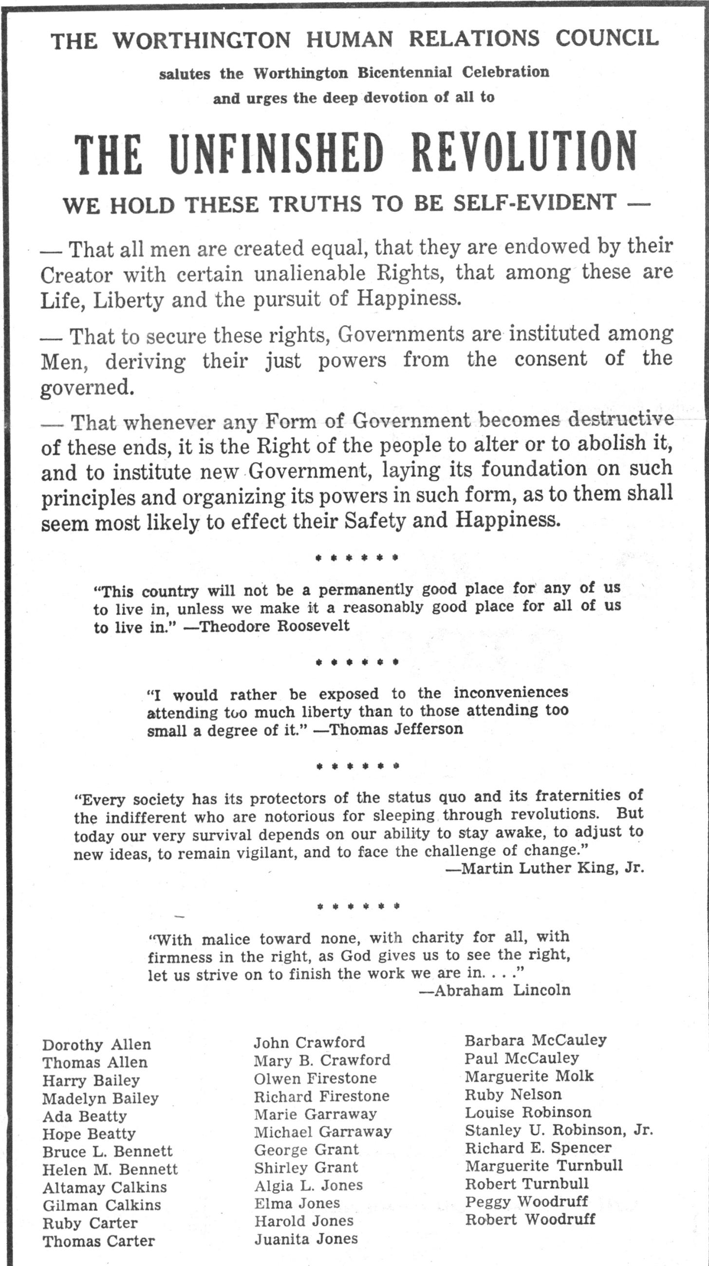 Worthington Human Relations Council Newspaper Advertisement