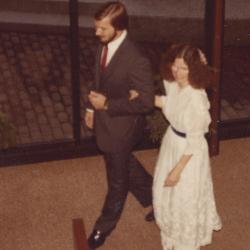 Rachel Alexander and Bob Foulk Walking to Their Wedding Ceremony at the Old Worthington Library