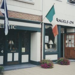 Storefronts and signs for Celtic Corner and Angels on High