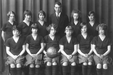 Black and white photo of Worthington High School 1925-26 girls' basketball team