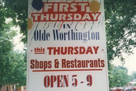First Thursday in Olde Worthington Sign on the Village Green