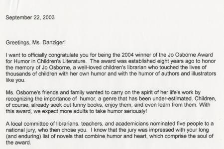 Letter from Rachel Alexander to Paula Danziger Announcing Her Win of the Jo Osborne Award