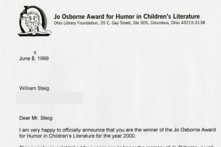 Letter from Rachel Alexander to William Steig Announcing His Win of the Jo Osborne Award
