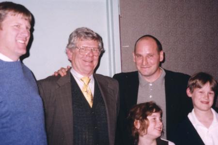 Photograph of Nathan Osborne, Alan Osborne,  Jon Scieszka, Rachel Cuthbert, and Jake Cuthbert