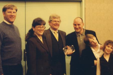 Photograph of Nathan Osborne, Cassie Cuthbert, Alan Osborne, Jon Scieszka, Jake Cuthbert and Rachel Cuthbert