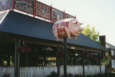 Pig Iron BBQ Restaurant, Pig Sign and Pink Jeep